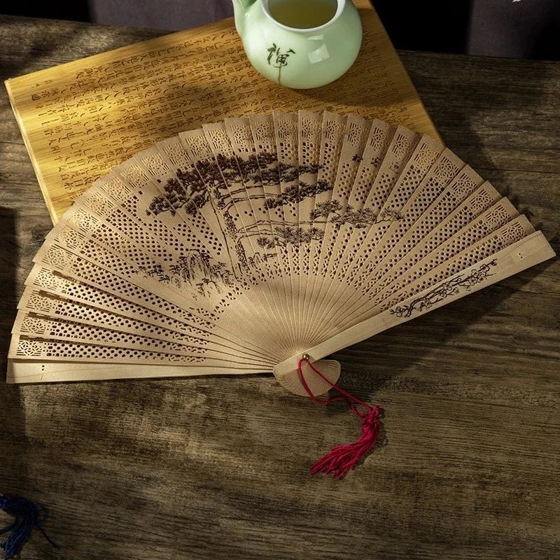 Vintage Style Handmade Wood Silk Paper Lace Folding Hand Fan Bamboo Folding Fan Pattern Art Craft Gift Home Decor Fan