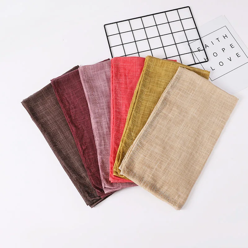 Hot sale hot diamond gold powder scarves fashion plain cotton hemp slubby yarn scarf female Malay Indonesian hijab shawl