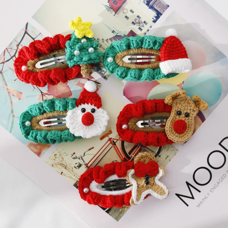 Wholesale Fashion Christmas Elk Hairpins Wool Crochet Animal Hair Clip For Kids Girls