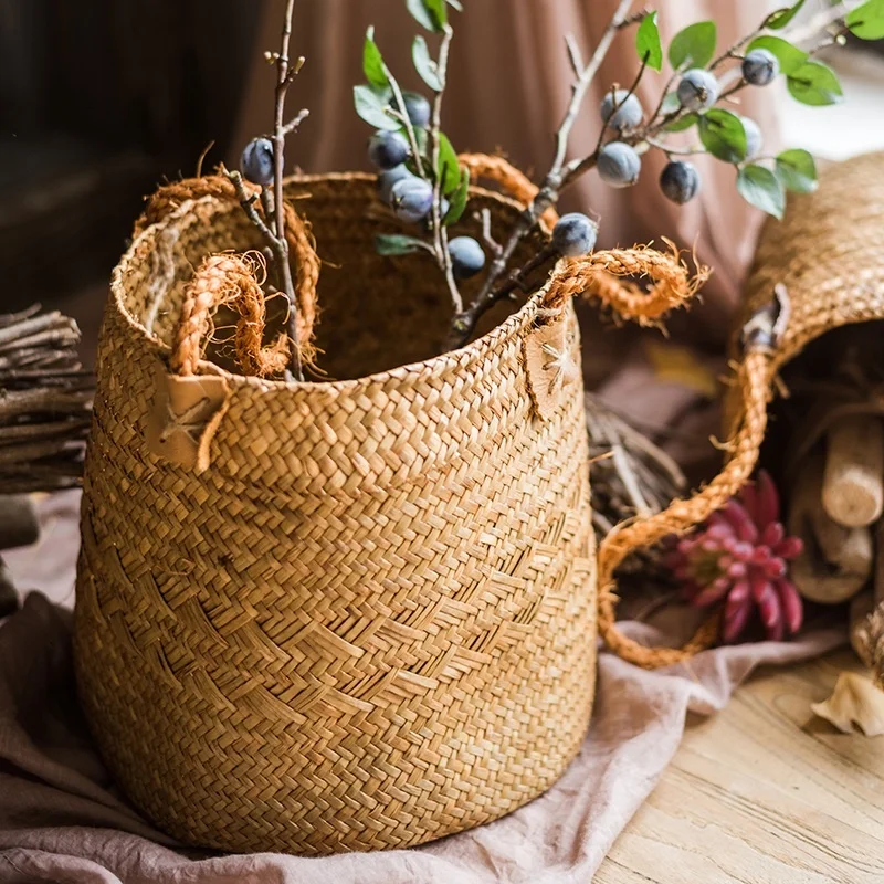 Natural Straw Flower Basket Flower Tube Flower Vessel Vase Storage Basket Decorative American Country Desktop Crafts