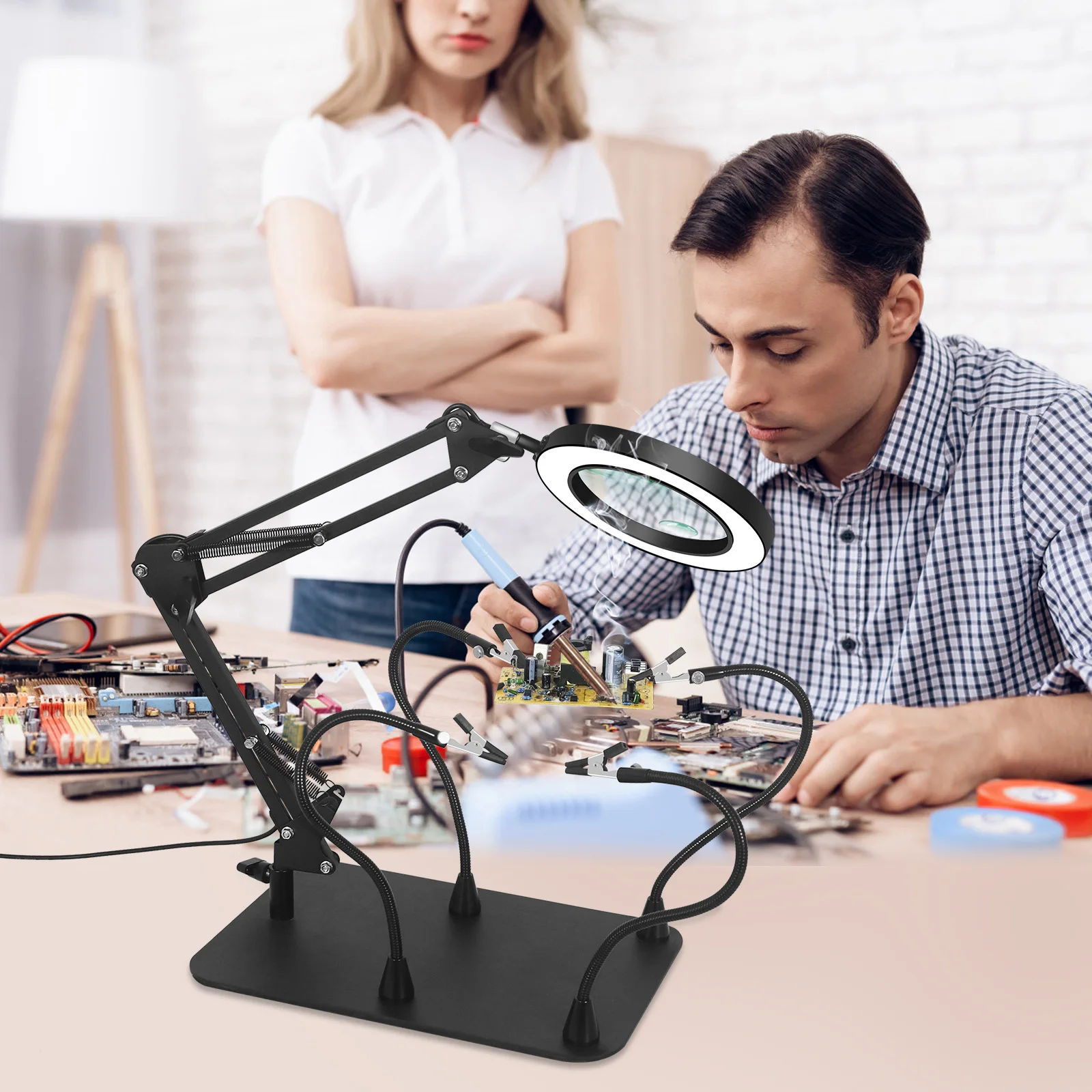 Magnetic Helping Hands Soldering Station with 5X 10X Magnifying Glass with Light, PCB Holder 4 Flexible Arms Third Hand Tool