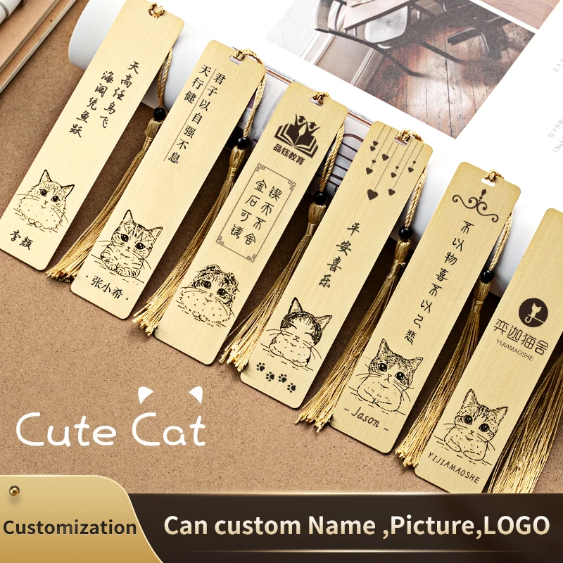 Golden Cute Cat Metal Bookmark With Tassel And Custom Logo,Gold Plated Funny Promotional Brass Bookmark Metal,Boxed Bookmark