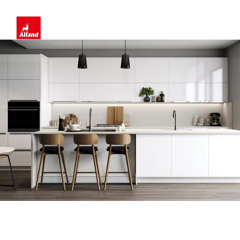 AllandCabinet Good Price Modern Style White High Gloss MDF Plywood Kitchen Cabinet with a Waterfall Quartz Countertop Island