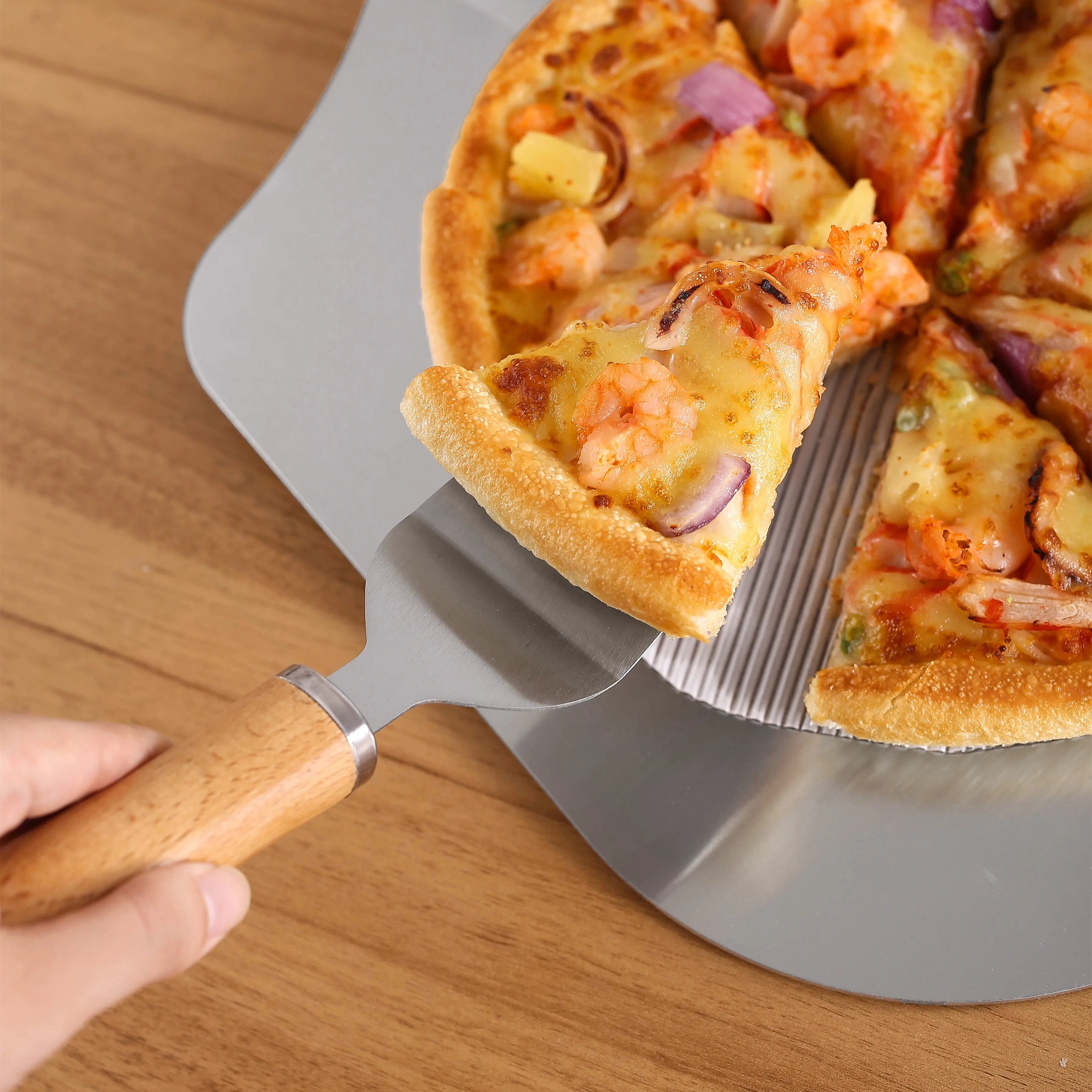 Manjia Stainless Steel Pizza Cutter Server Metal Pizza Turning Peel Set with Folding Wooden handle Accessories