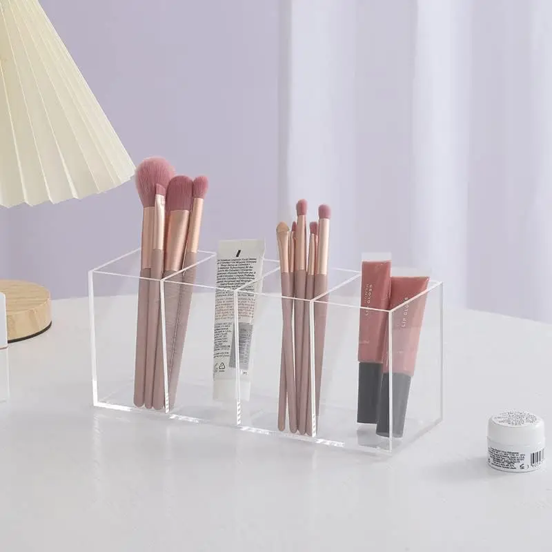Pen Holder Makeup Brush Holder 4 Compartments Organizer with Removable Dividers for Desk Cosmetic Storage Office Accessory