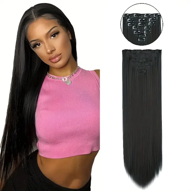7PCS Clip in Hair Extensions Full Head 22 Inch Long Straight Synthetic Pieces for Women