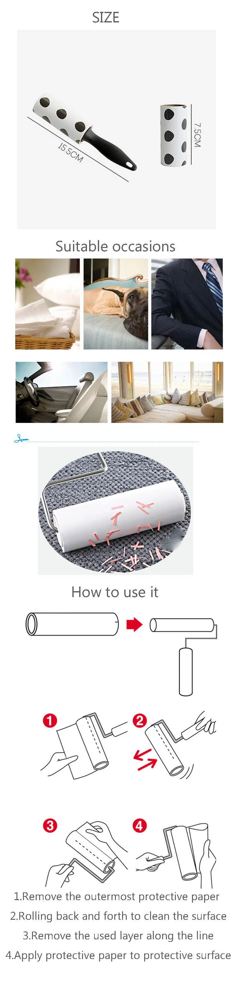 Reusable Clean Clothes Dust Removal Sticky Paper Roller Brush