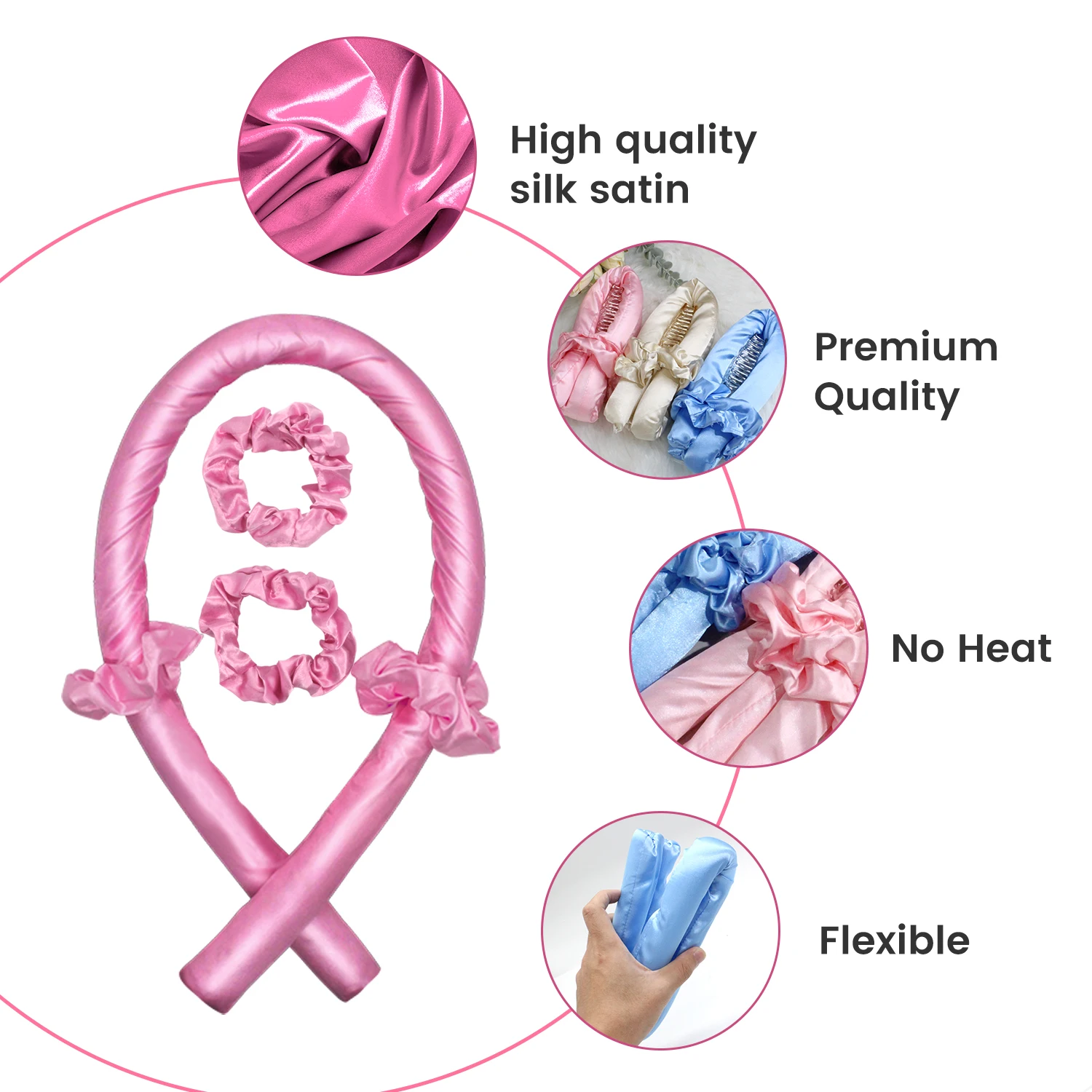 Hot Selling 100% Mulberry Silk Curling Rods Magic Curls Hair Foam Sponge Roller Heatless Hair Curler With Scrunchies Set