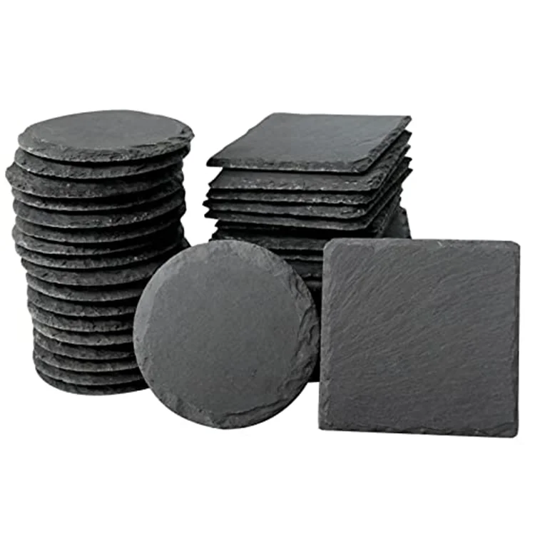 4 Inch Natural Round Square Slate Coaster Customized Set With Bracket Slate White Beverage Tea Coffee  Drink Slate Coaster