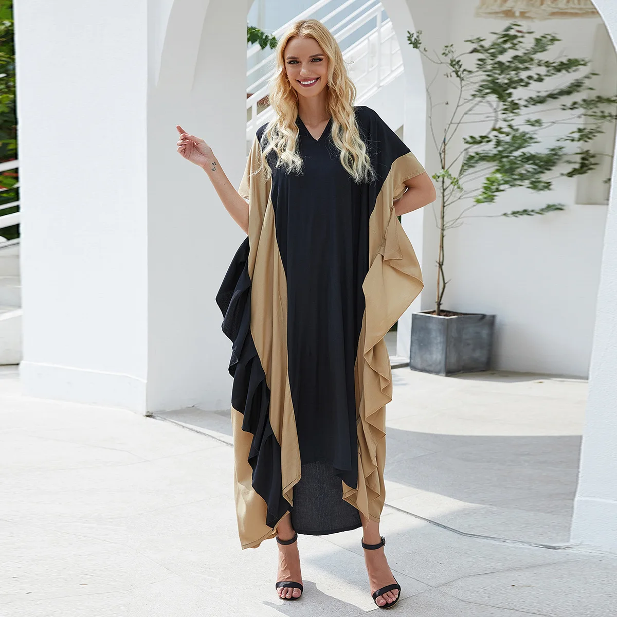 Trendy Contrast V Neck Dress For Muslim Girl Casual One Size Ruffle Sleeve Splice Color Long Dress Abaya Arab Ethnic Clothing