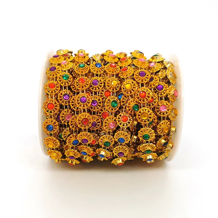 wholesale multicolor flower shape crystal rhinestone fashion gold cup chain roll for women garment decor