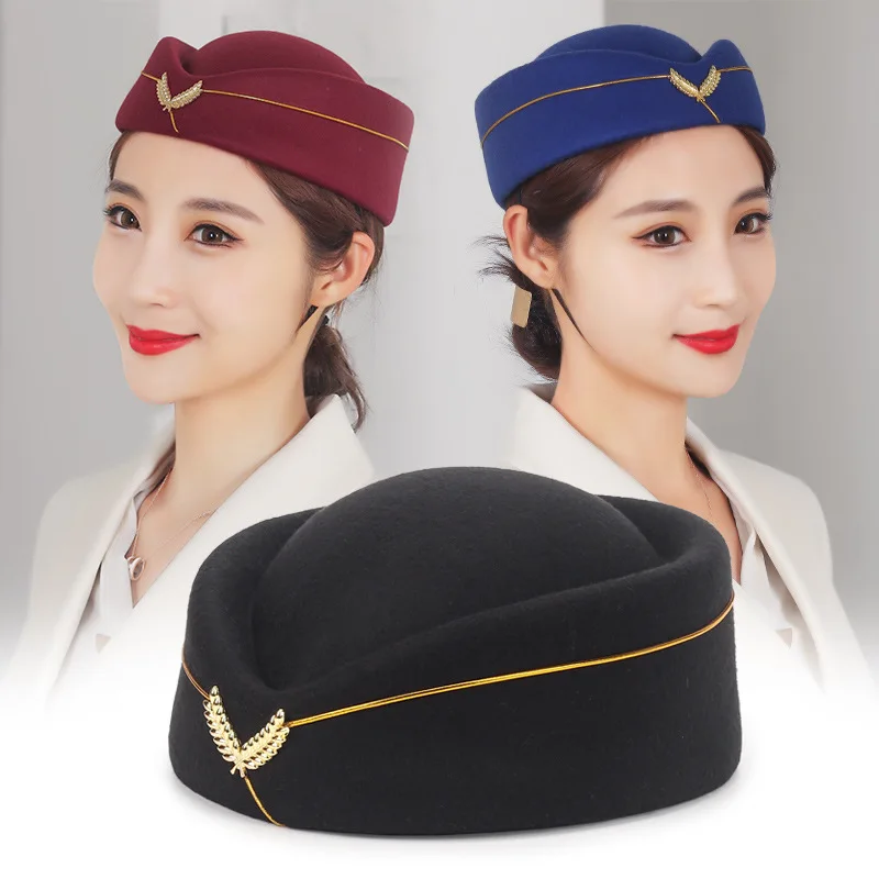 Wholesale Airline Stewardess Hat Fashion Girls Wool Beret Hat Women French Cap Cosplay Prop Stewardess Uniform