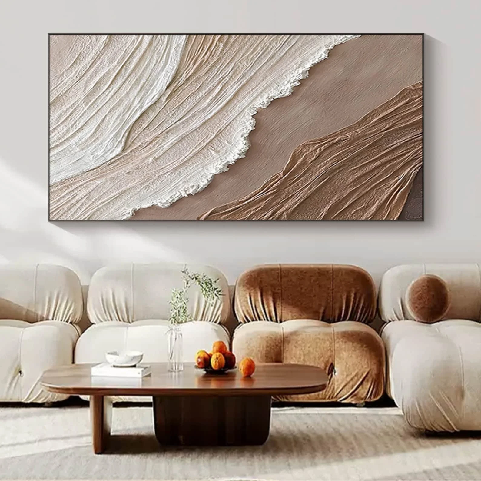 Handmade Framed Abstract Brown White Beach Ocean Seascape Scenery Canvas Art 3D Texture Acrylic Painting for Wall Decoration