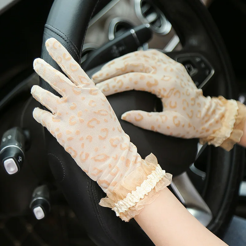 Sidiou Group Fashion Leopard Print Women Gloves With Side Lace Mesh Thin Non-slip SPF Driving UV Protection Glove