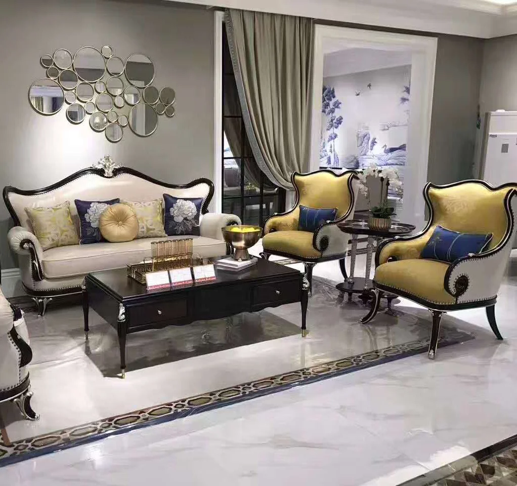 2020 Luxury French Baroque Living Room Set/Royal Palace Antique 3 Seater Classic European Style Leather Sofa