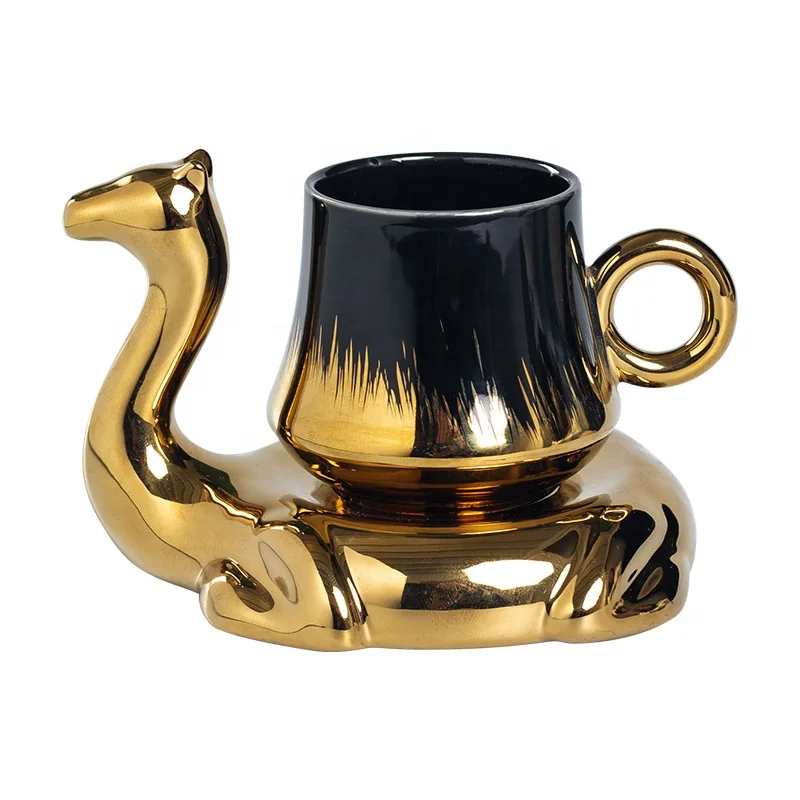 TAOXIN 90cc Ceramic Camel saucer and mug set  with golden handle and design 6 sets