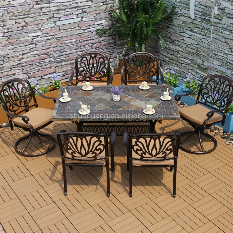 Casual outdoor patio furniture aluminium dining set six seat chairs and BBQ table