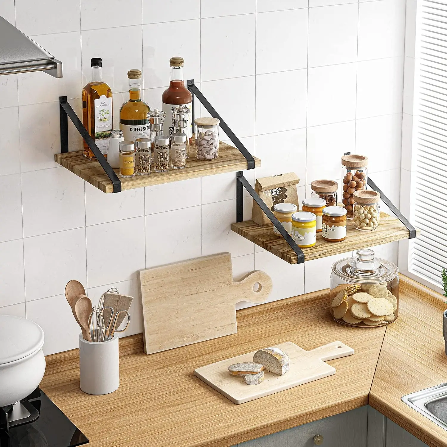 Floating Shelves Wall Mount Rustic Wood Wall Shelves with Large Storage for Kitchen Living Room Bathroom Bedroom
