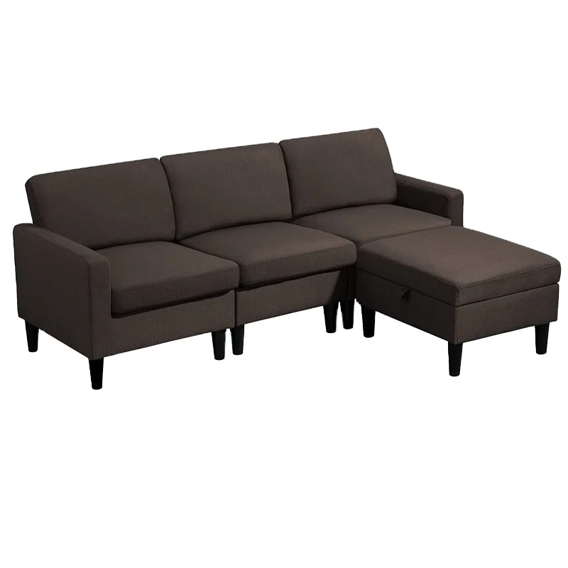 Sans L Shaped 3 Seater Brown Fabric Convertible Sectional Sofa With Reversible Chaise For Living Room