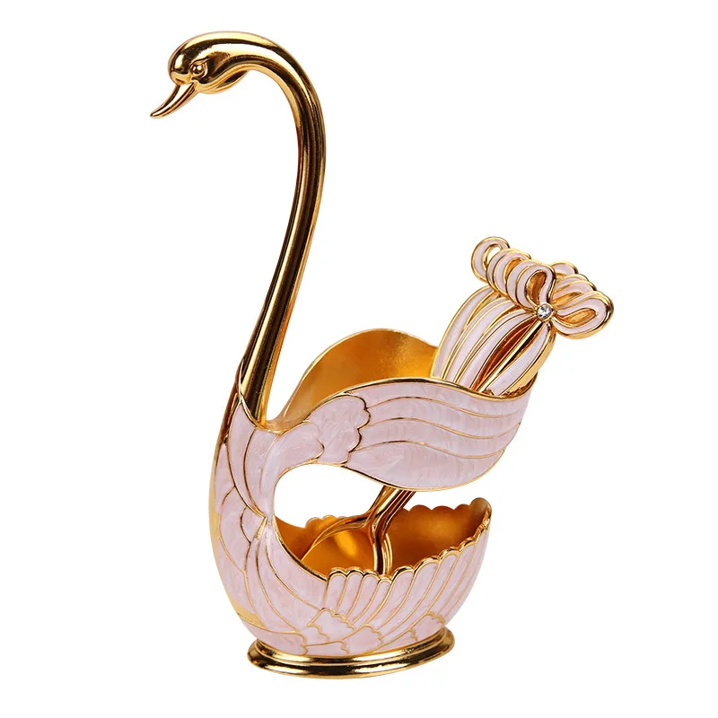 New Arrival Zinc Alloy Swan Base Fruit Forks Spoon Holder Set Salad Dessert Forks Coffee Spoon Stand Set