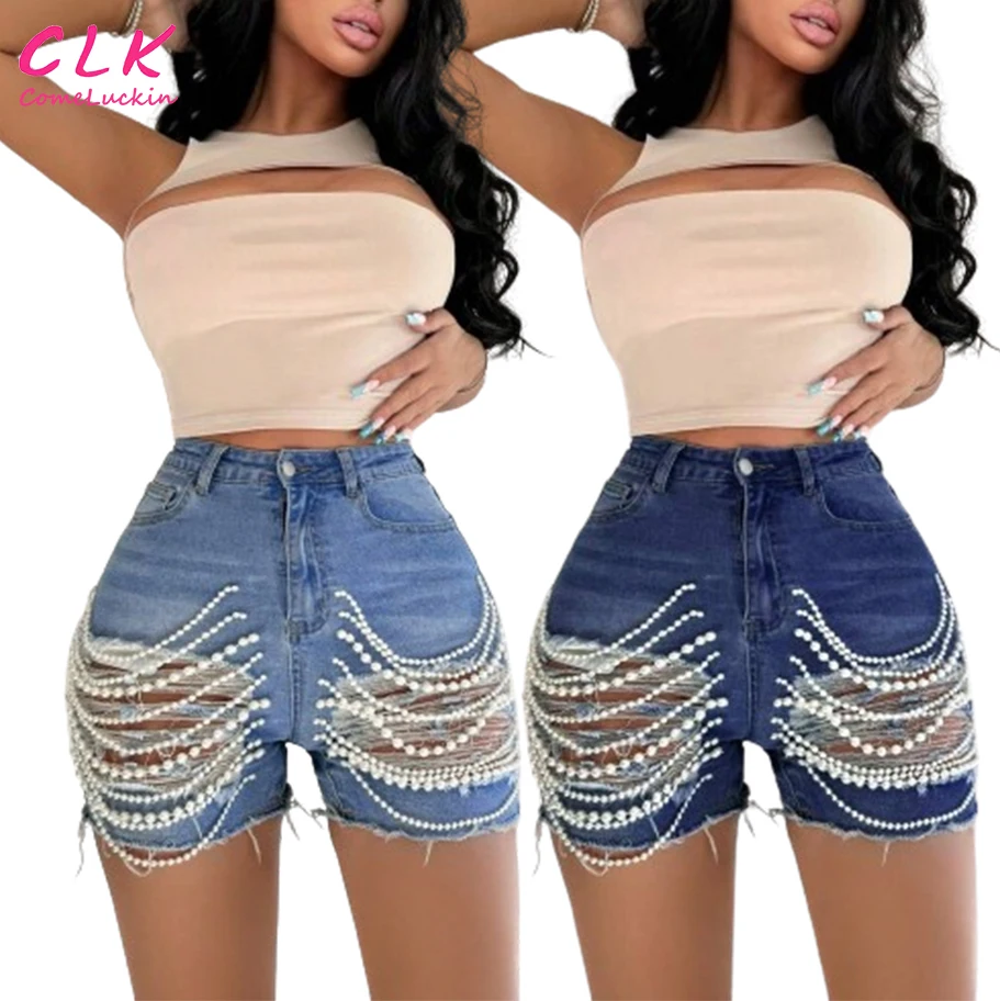 Wholesale Custom Fashion New Hole Breaking Casual Ladies Sexy Pant High Waist Women Handmade Beaded Chain Shorts Pants