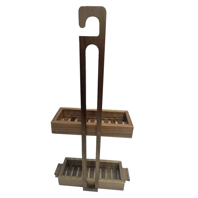 2 Tiers Acacia  Wood Portable Shower Caddy with assembled Hooks Soap Holder Hanging Bathroom Shower Organizer Shelf Storage Rack