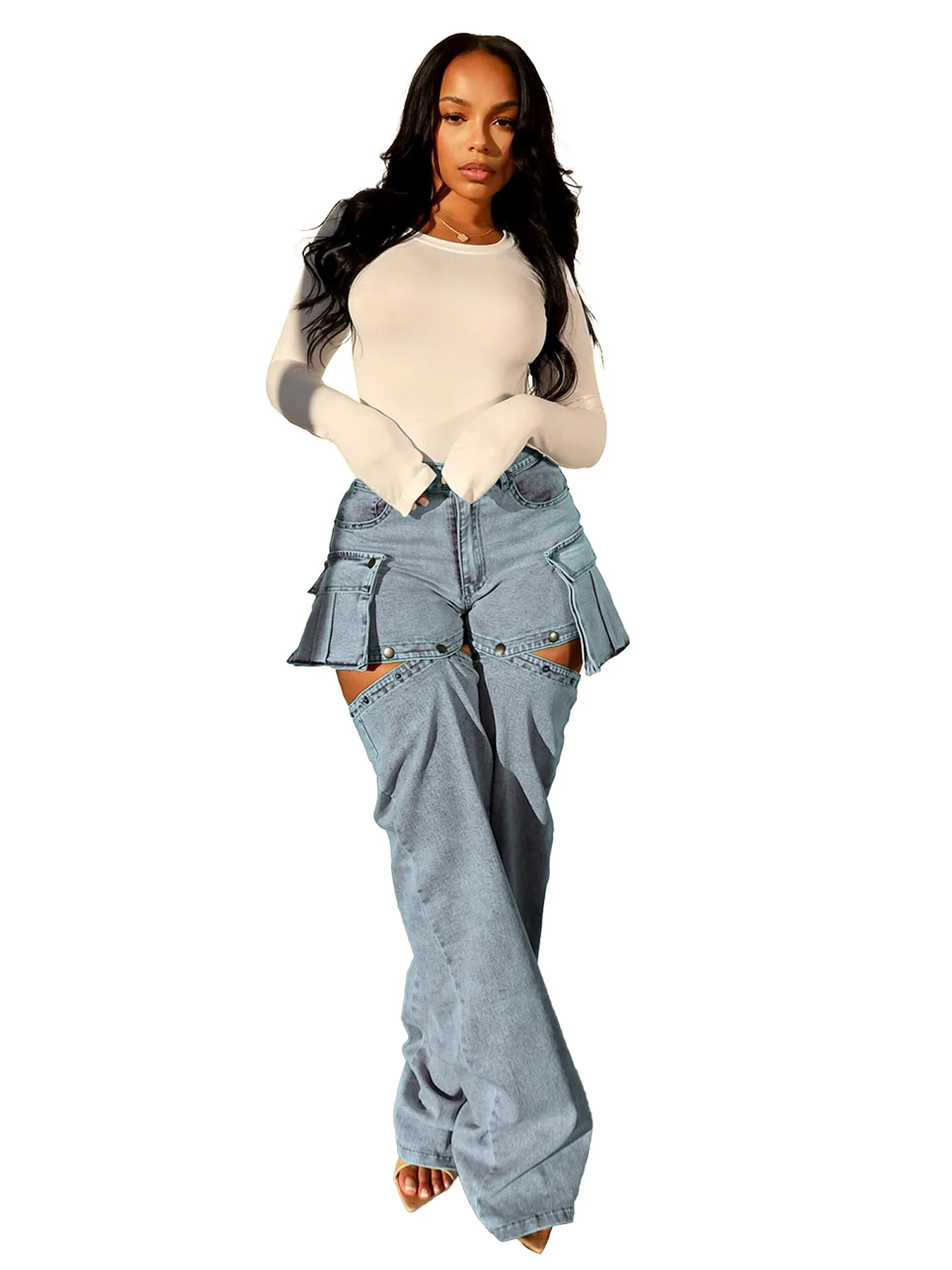 Removable Buttoned Baggy Jeans for Women 2 Wears Hollow-out Plain Denim Wide Leg Pants Y2k Trousers Korean Streetwear