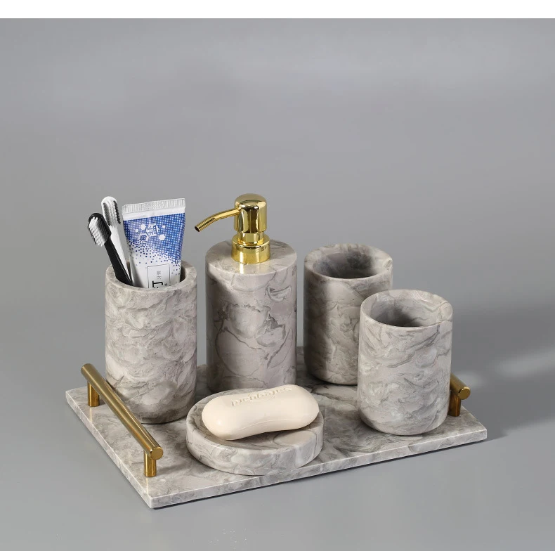 Home hotel 5 pieces ceramics marble bathroom accessory set soap dish toothbrush holder dispenser tumble bathroom shower set