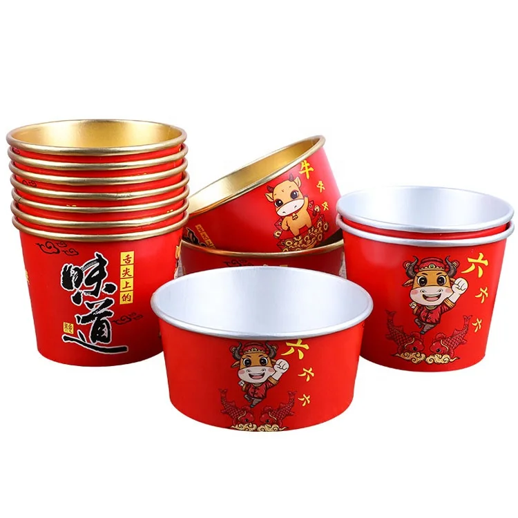 Gold Foil Silver Foil Paper Salad Bowl Paper Disposable Soup Cups With Lid Takeout Food Lunch Box Noodles Paper Containers