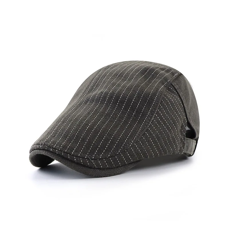 Ins Amazon Hotsale Youth Cotton Linen Beret Jacquard Stripe Flat Hat For Mens Grey Herringbone Peaky Blinders Duckbill hat