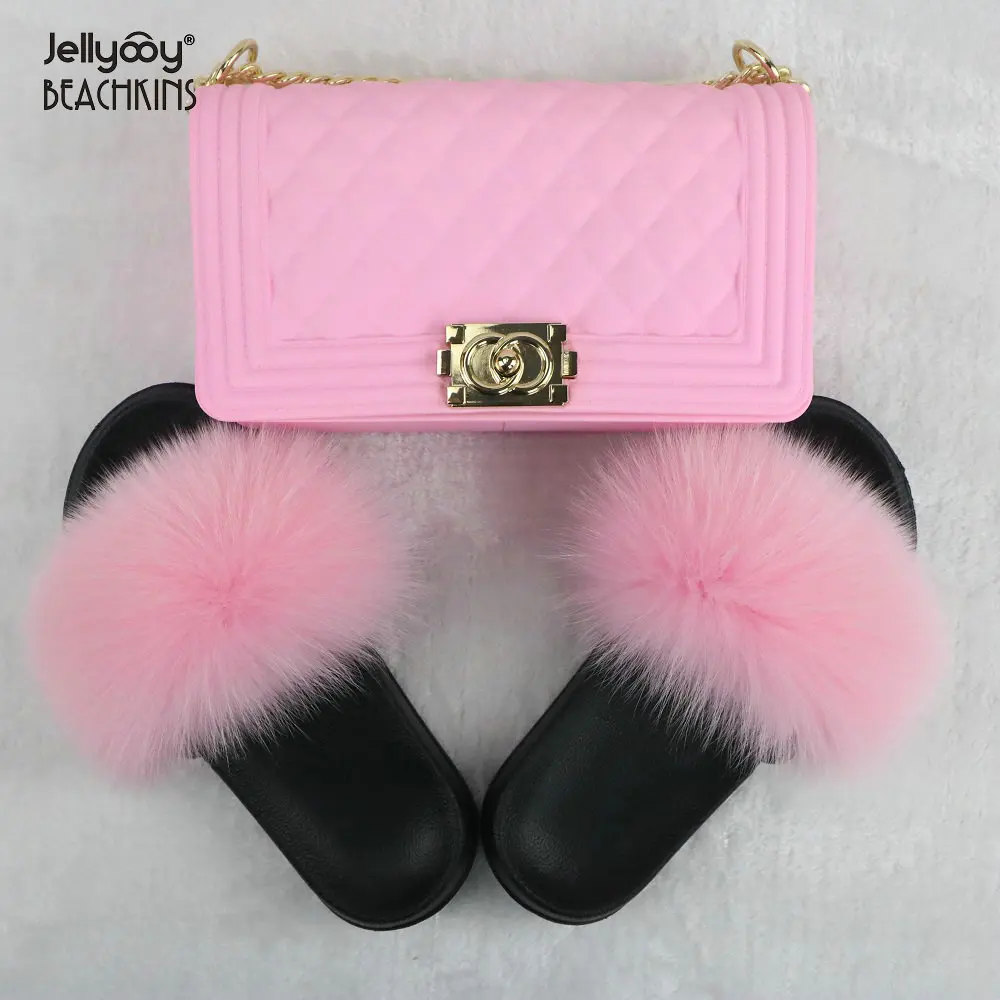 
Jellyooy BEACHKINS PVC Matte Jelly Bag With Fox Fur Slippers Purse Bags Match Fur Slides Sandals Sets 