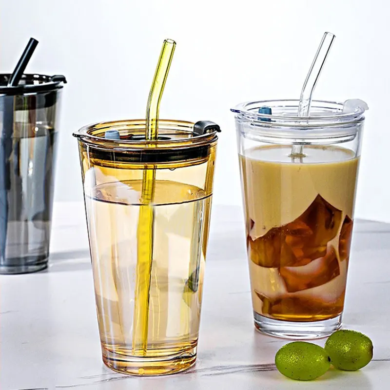 Whole Hot Selling 350ml Amber Glass Water Cup With Glass Straw And Plastic Lid  Silica Gel Sheath Glass Cup Water Beer Mug