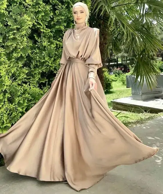 Low Price Muslim Wear Manufacturers Muslim Satin Modest Dress Wedding Party Prom Maxi  Evening Dress