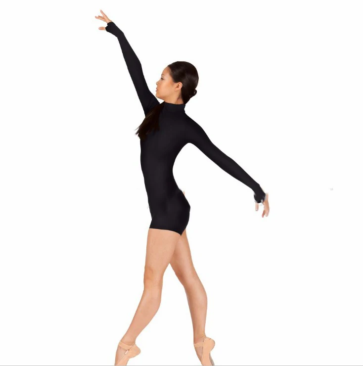 Для женщин с длинным рукавом и ложным воротником Biketard отверстие для большого пальца, дети красный/зеленый/синий один кусок танцы гимнастики с застежкой-молнией