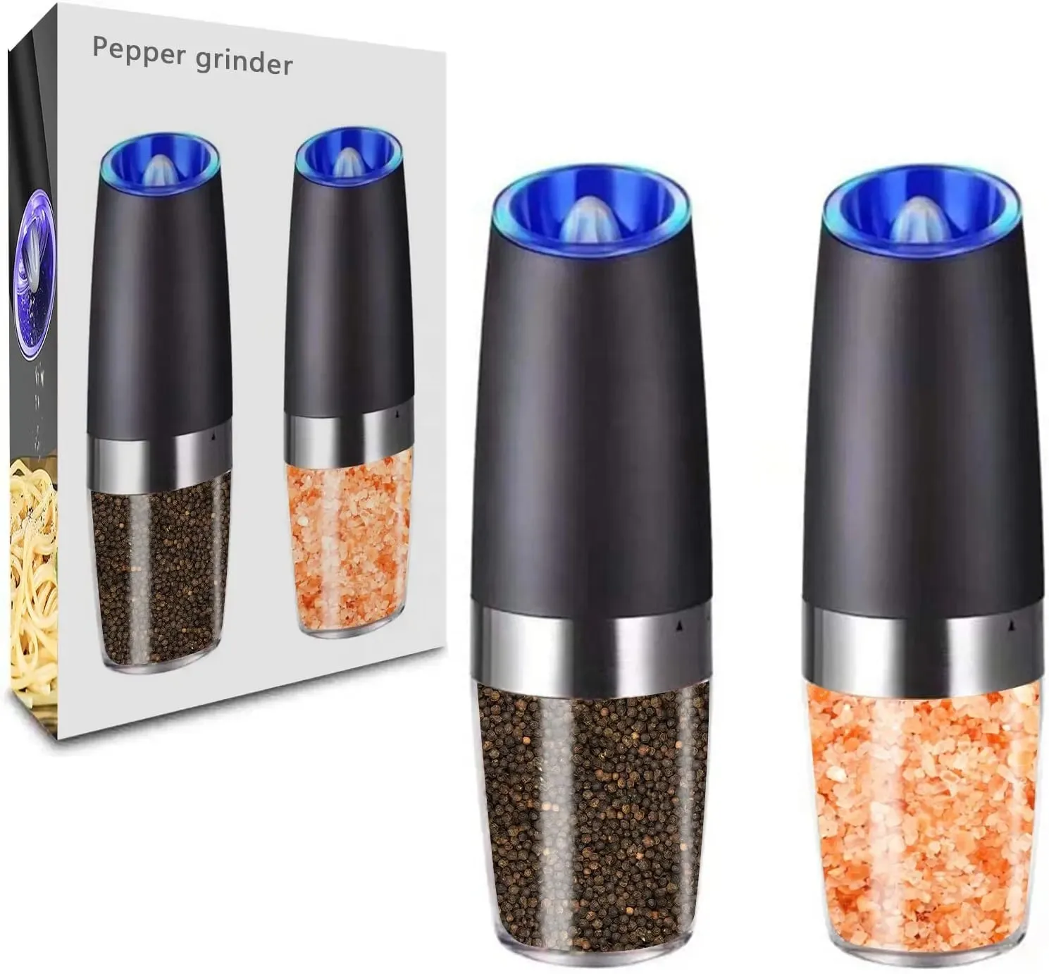 Wholesale Black pepper mill grinder set spice jar Electric gravity salt and pepper grinder with blue light