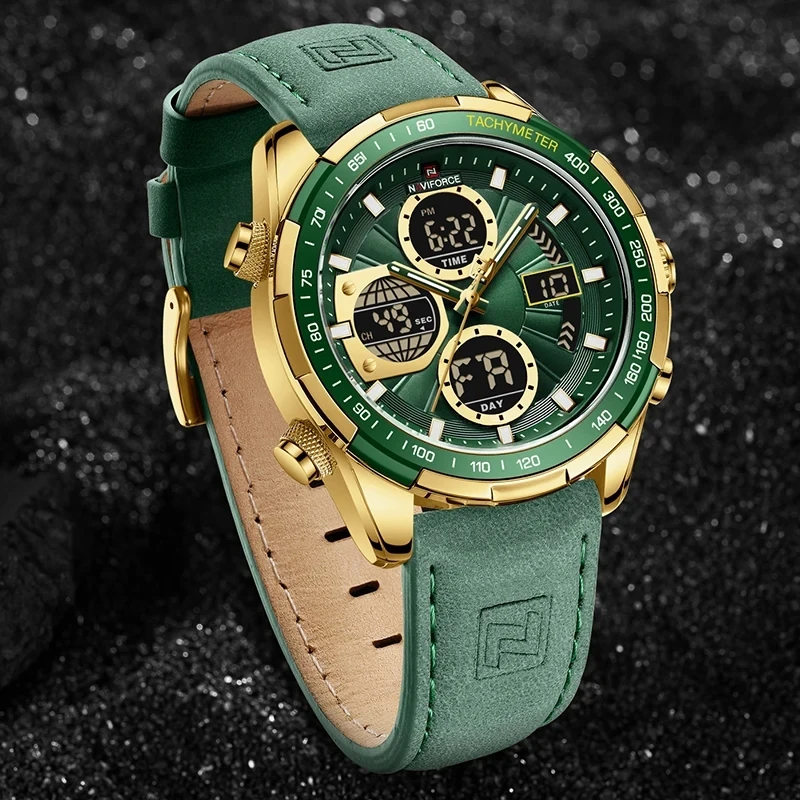 NAVIFORCE 9197 Top Brand Men Watches Sport Green Leather Waterproof Watches for Men  Dual Display Clock Male Relogio