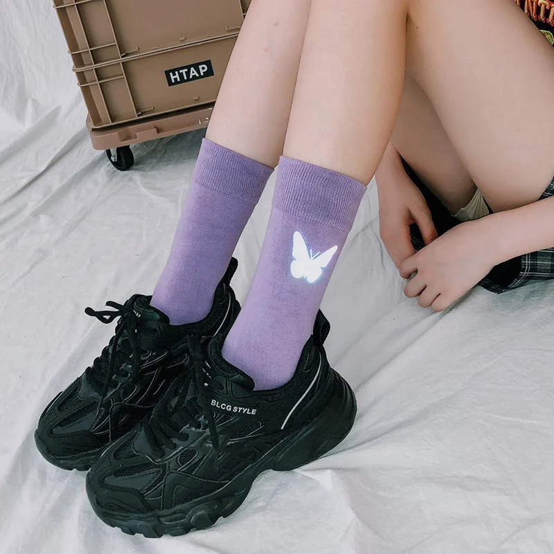 Reflective Butterfly Socks for Ladies Girls Cotton Winter Elastic Middle Tube Women Sock