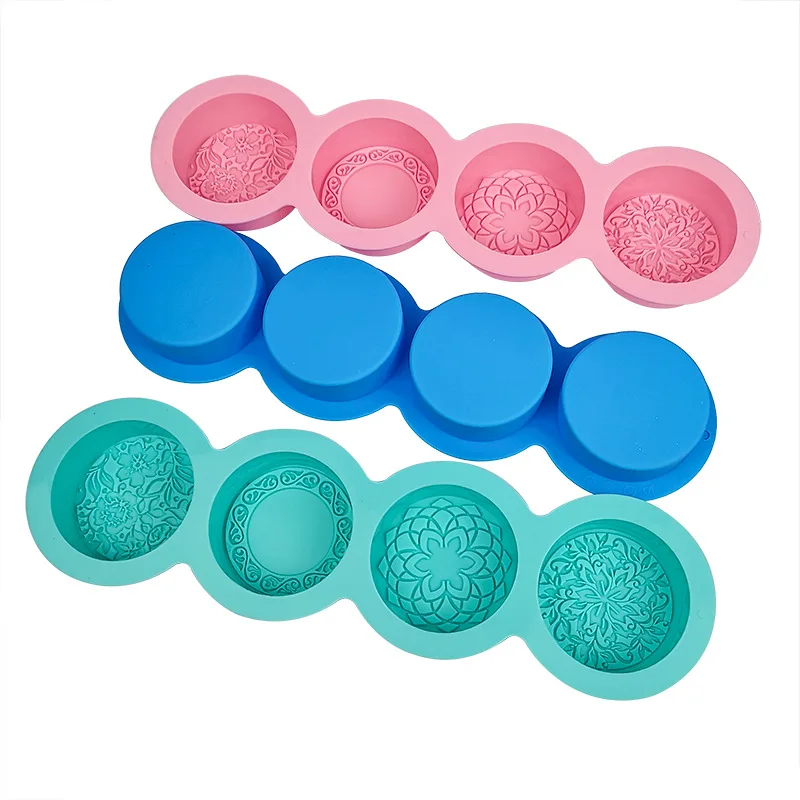 DM448 Custom 4 Holes Round Shape Flower Carved DIY Cake Baker Pan Moule Savon Silicone Mold for Soap Candle Making