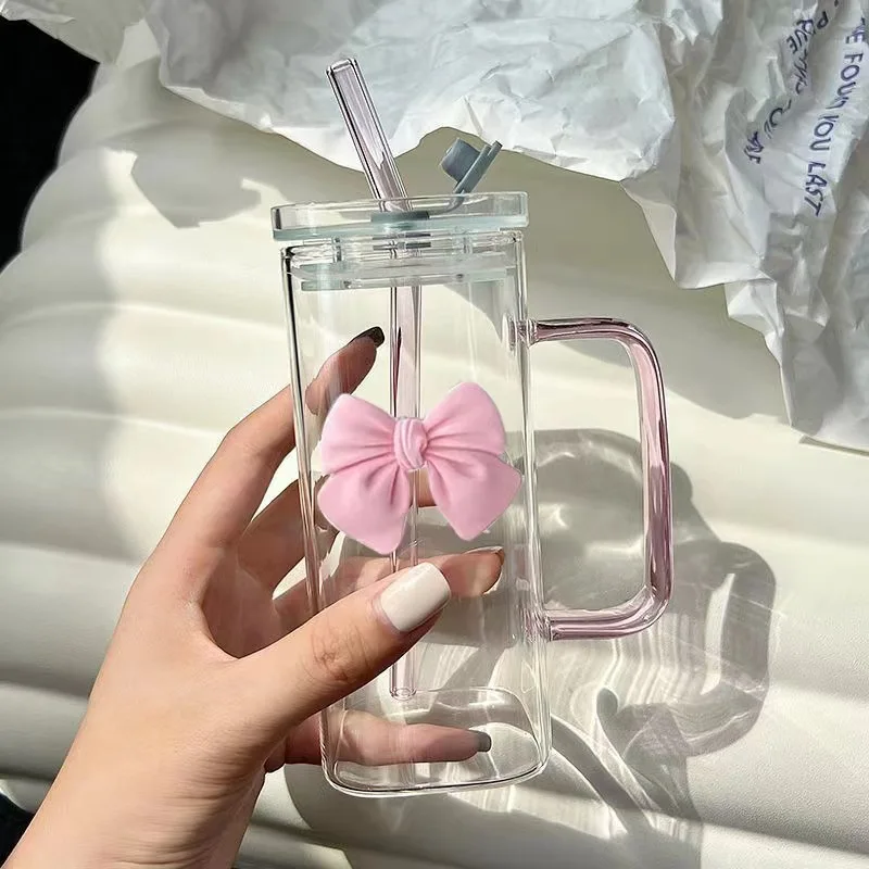 400ml Square Shape Bowknot Bow Design Girl Best Gift For Friend Glass Bottle Cup With Straw and lid