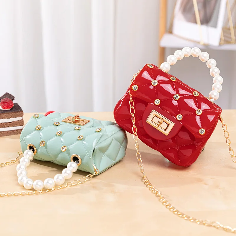 Trendy Korean Kids Messenger Bags Colorful Pearl Rivet Rhombus Chain Mini Jelly Handbags