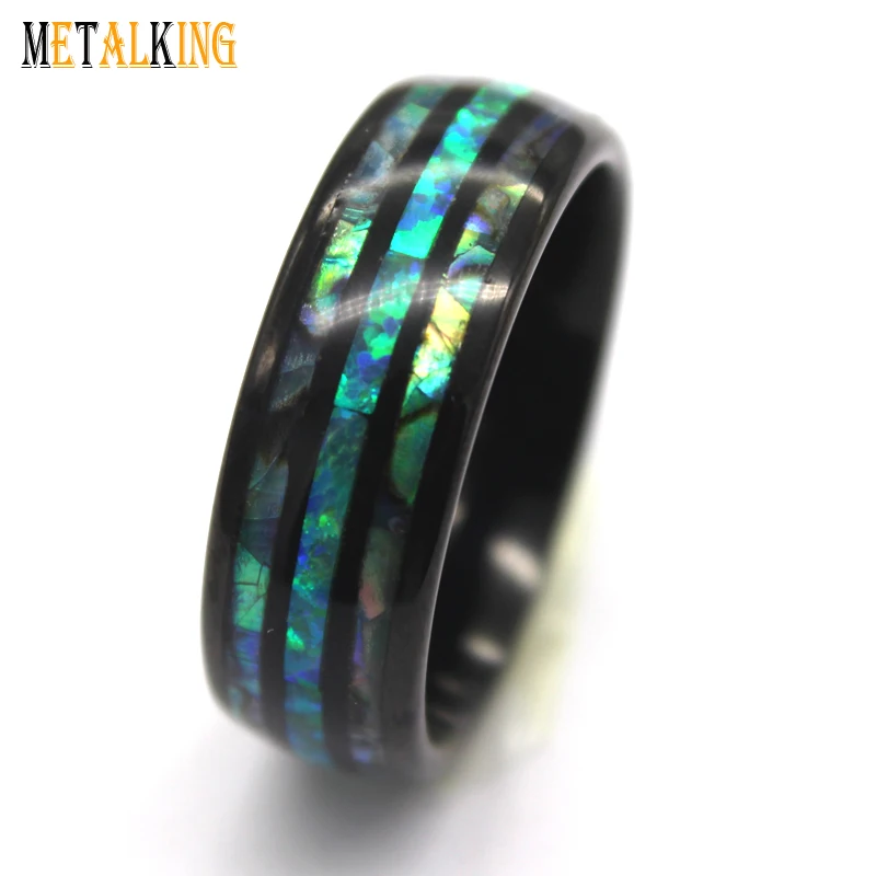 8mm Black Tungsten Carbide Ring with Green Opal and Abalone Shell Inlay Comfort Fit