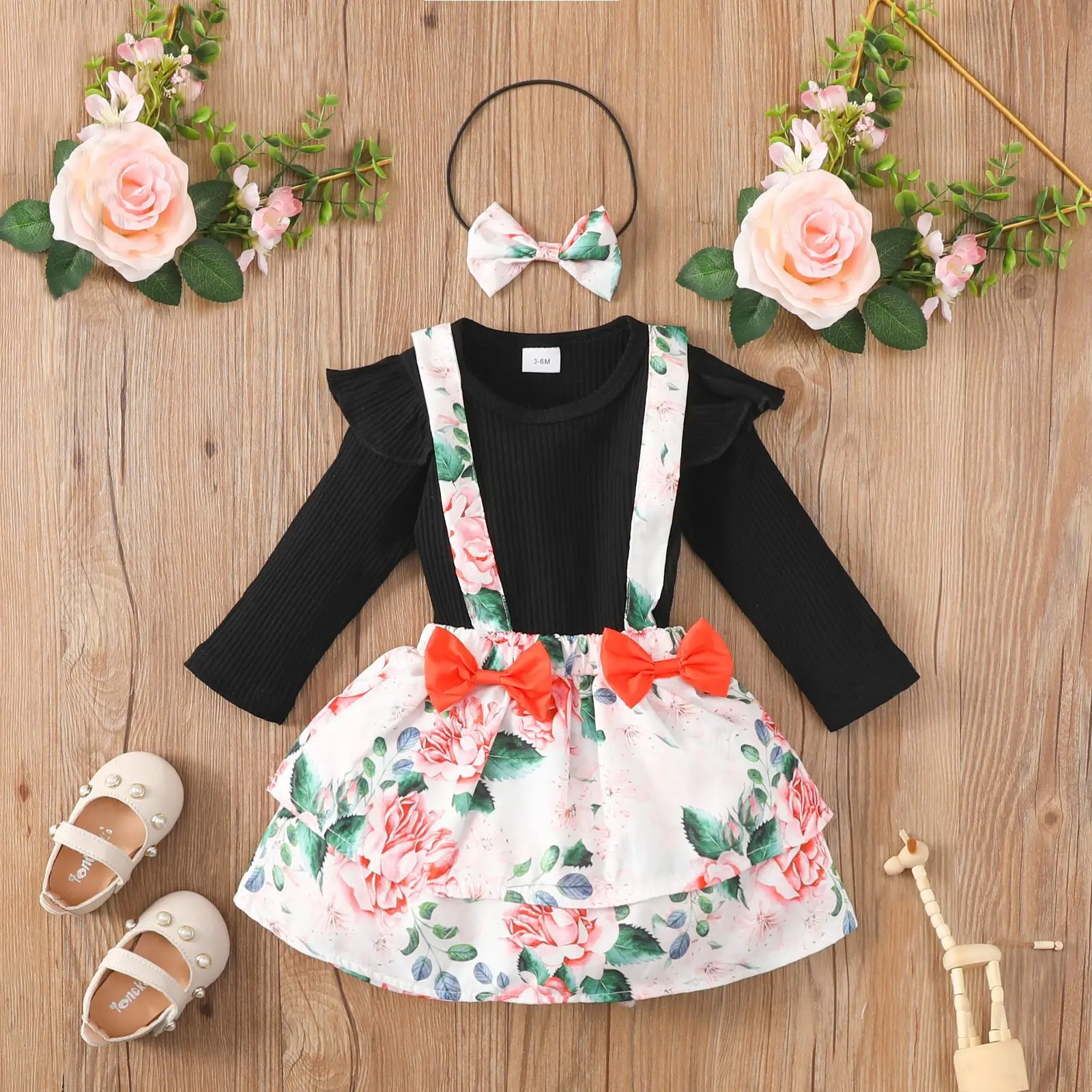 Girls summer bow suspender skirt European and American plants flower boutique clothes dress