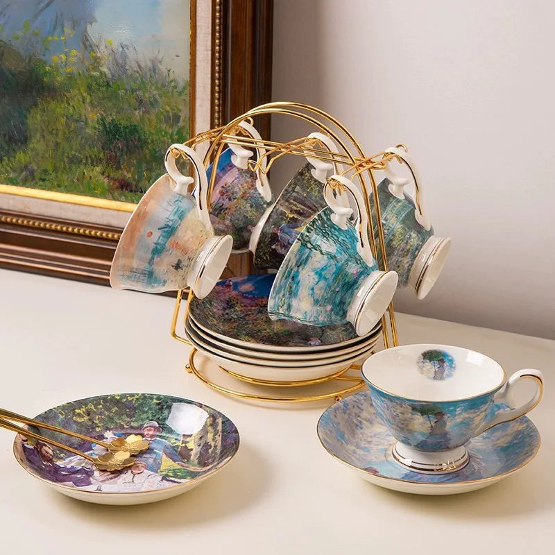 custom logo color box Monet sunrise impression of water lilies bone china Monet cup and saucer with gold rim