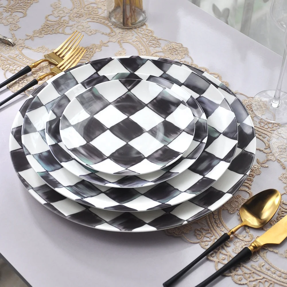 Checkered ceramic round plates sets black and white grid bone china dinnerware sets with cup saucer