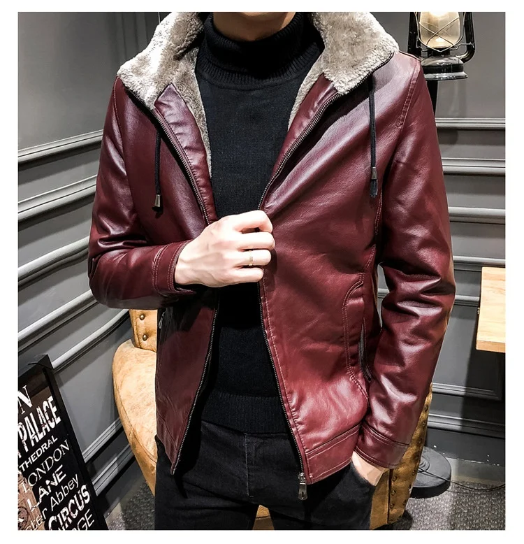 New Style OEM Raidyboer Solid Color Elegant Fleece PU Jacket with Stand Collar and Hood for Men