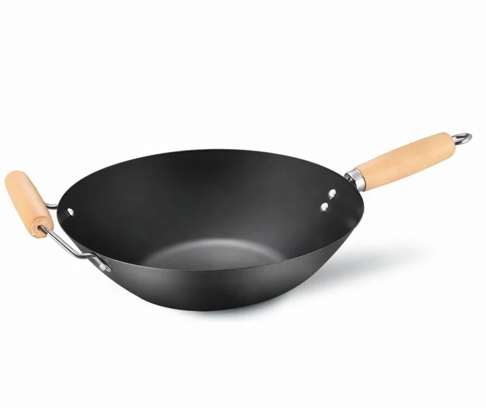 Chinese style Carbon steel cookware Black non-stick stir-fry cooking pan wood handle wok pan 35 cm