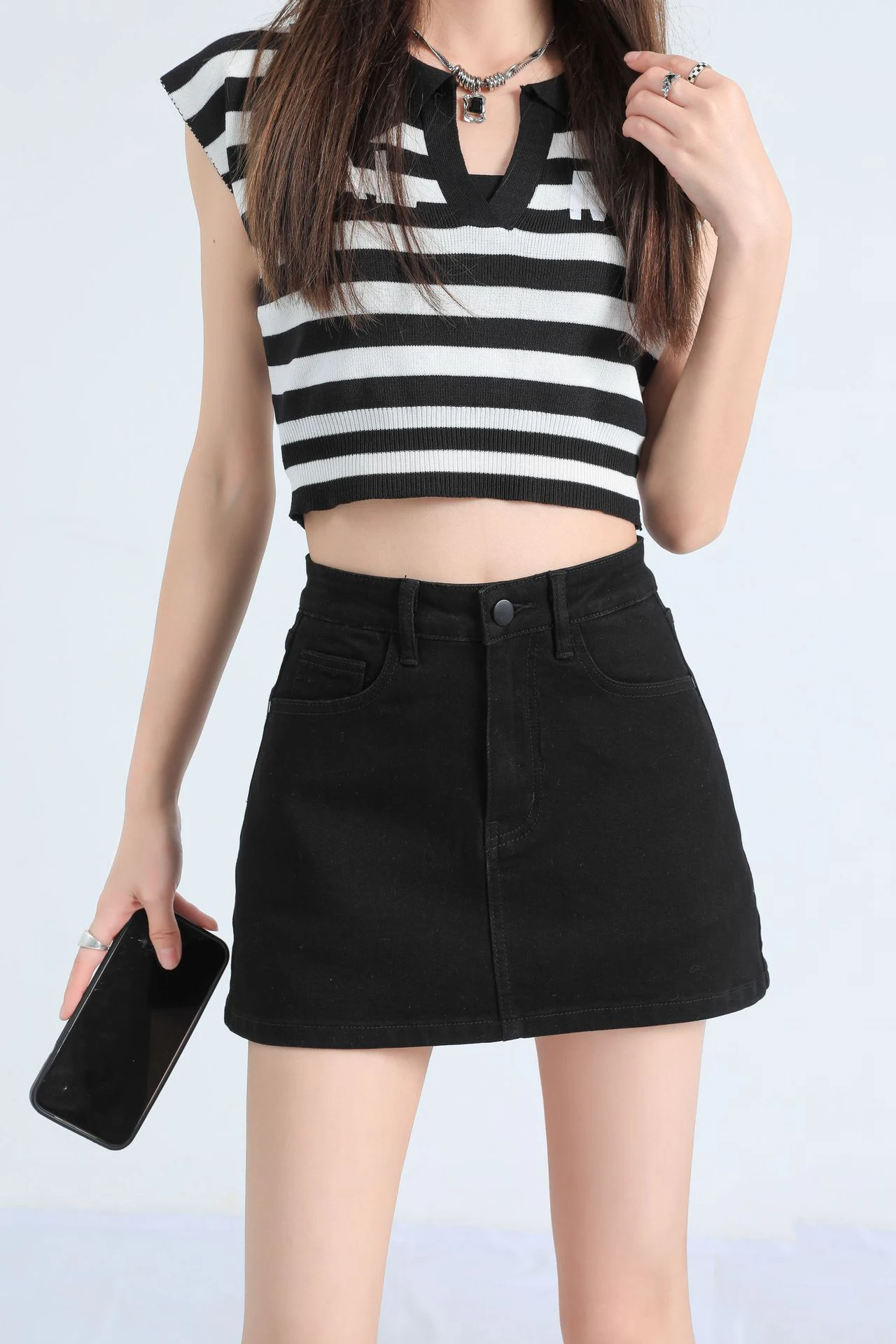 Custom Summer New Hot Sale Mini Denim Skirt Fashion Design Button Front A-line High Waist Casual Women Ladies Jeans Skirt