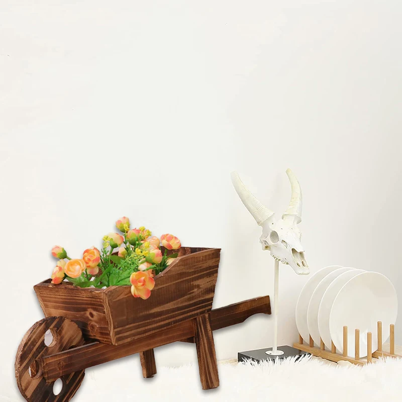 Flower Pot Wooden Cart Flower Pot Wheelbarrow Planter Wooden  Planter Outdoor Garden  Planter  Decoration  Succulent Flower pot