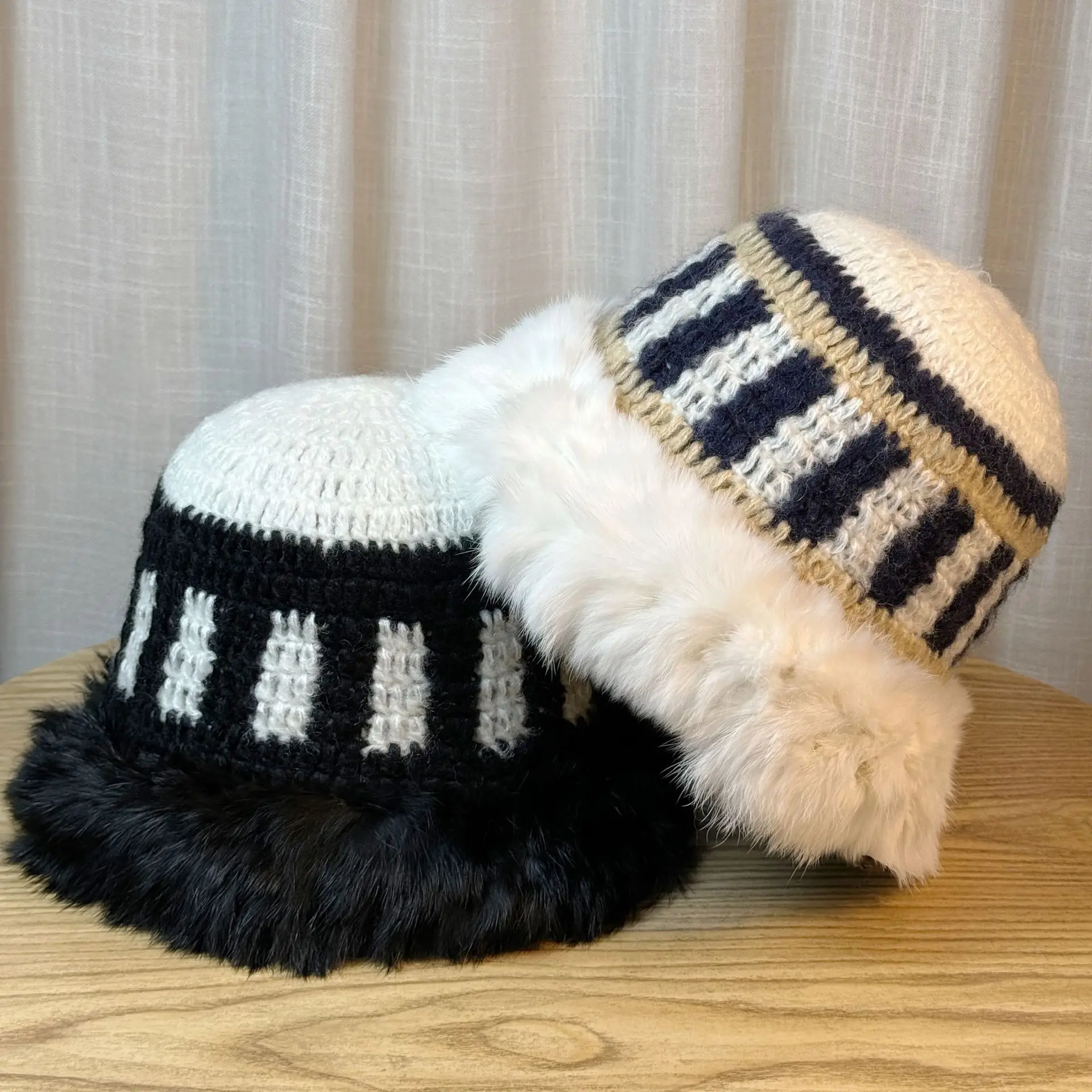 Designer Female Winter Warm Knitted Hat with Cute Rabbit Fur Colorful Beanie for Women Fluffy Outdoor Hat for Beach Wear