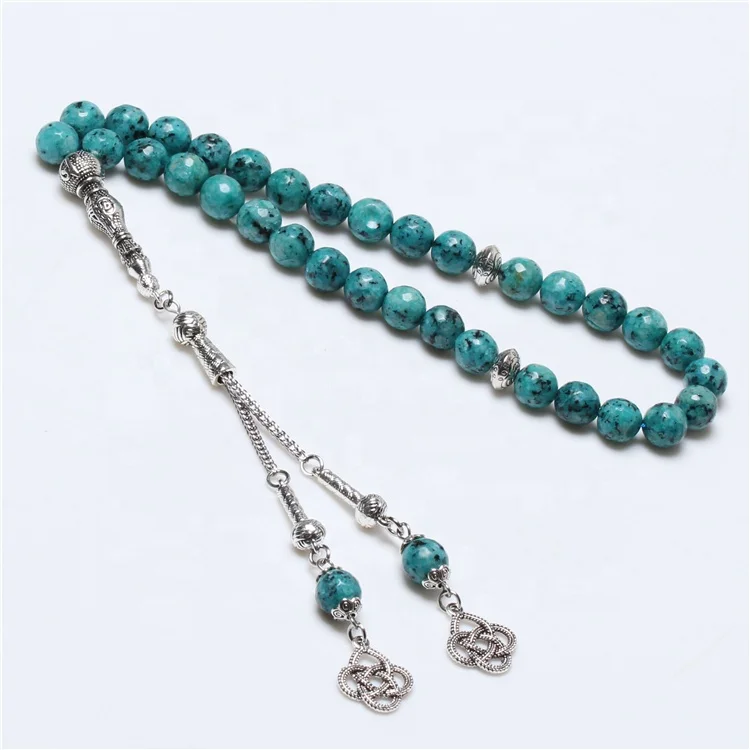 Natural Blue Stone Silver Tassel Allah Tasbeeh Muslim Prayer Beads Sibha Masbaha Rosary